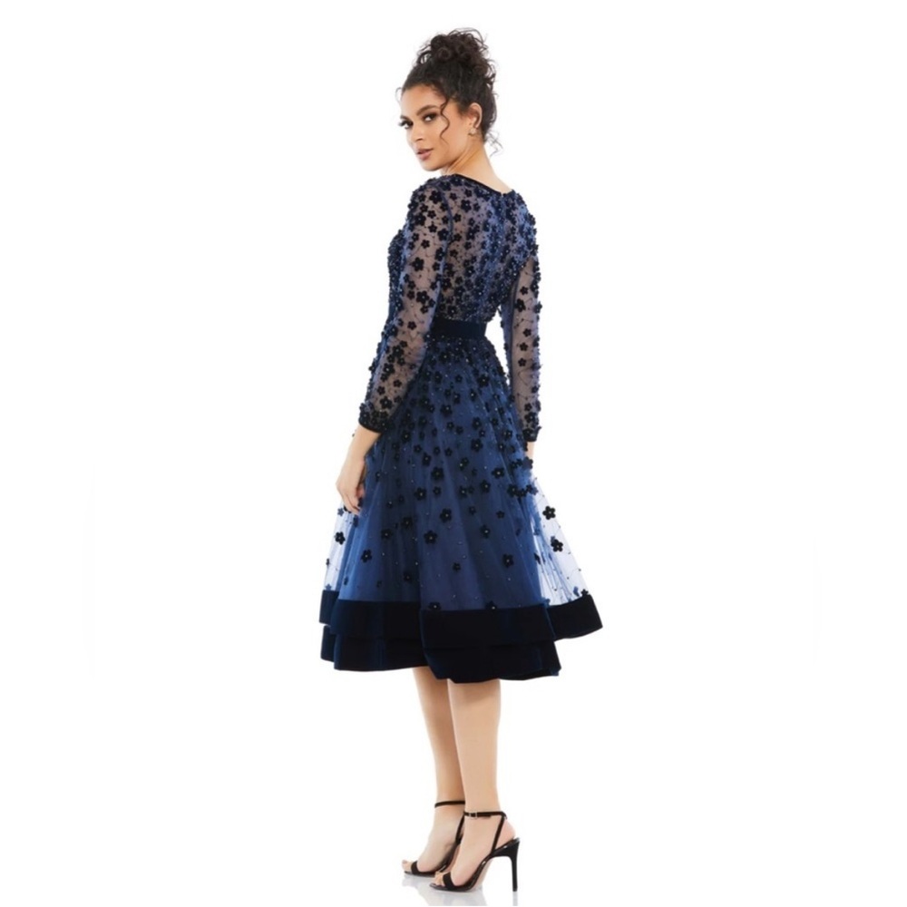 Mac Duggal 67007 Embellished Illusion High Neck Long Sleeve Midi Dress 12 - Picture 2 of 3